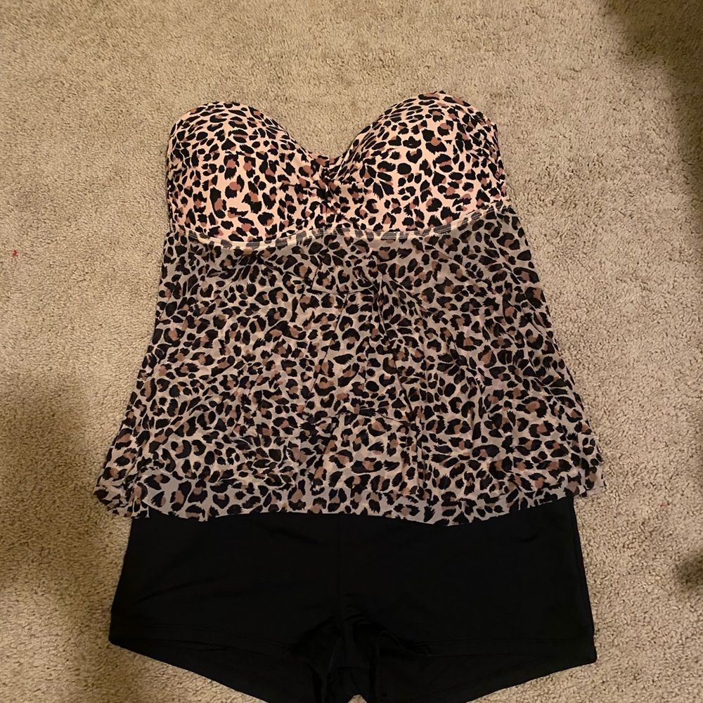 Kona Sol Women's Swim Tankini Top Leopard & Boy short swim bottom Black-Size XL
